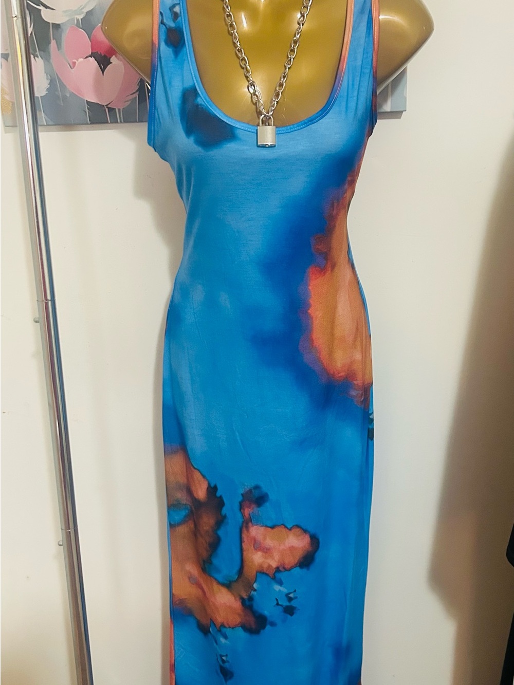 Blue Tie-Dye Maxi Dress - Sleeveless Scoop Neck
